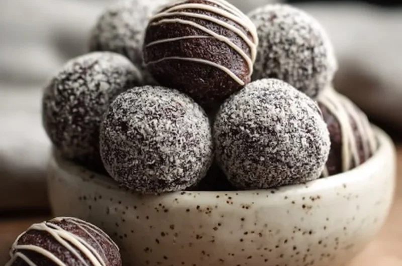 Oreo Protein Balls served on a plate garnished with chocolate chips