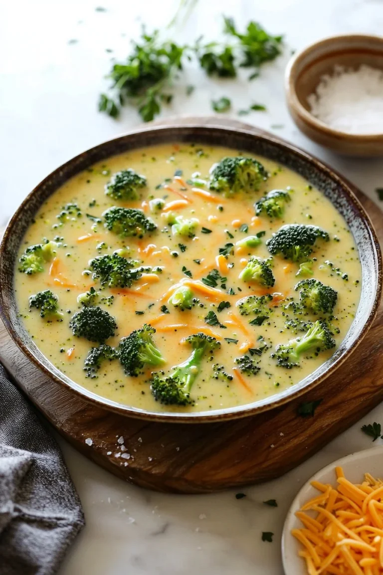 Bowl of homemade Panera copycat broccoli cheddar soup topped with green onions