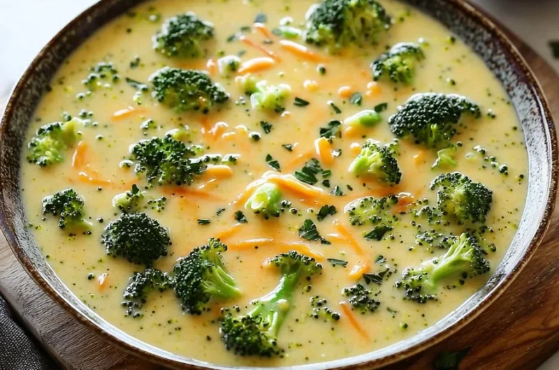 Bowl of homemade Panera copycat broccoli cheddar soup topped with green onions