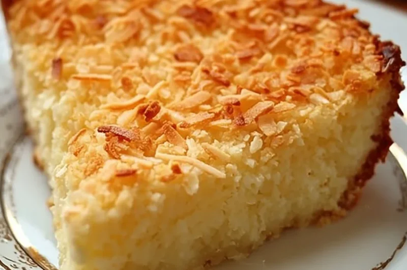 Delicious crustless coconut pie topped with toasted coconut flakes.