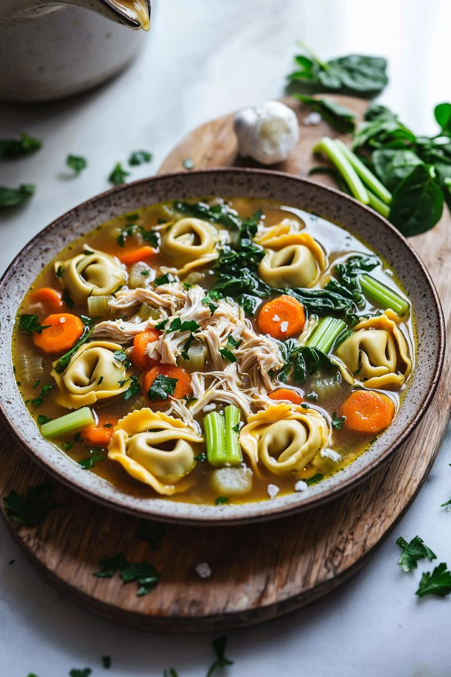 Bowl of quick Chicken Tortellini Soup garnished with herbs