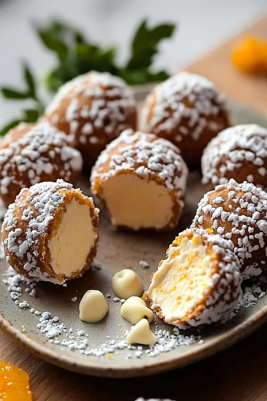 No bake orange creamsicle truffles with a creamy orange filling and white chocolate coating.
