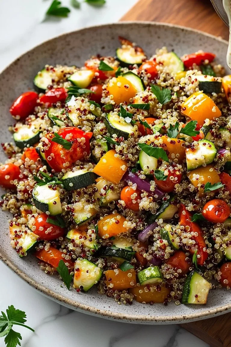 Quick quinoa salad topped with roasted vegetables for a healthy meal.