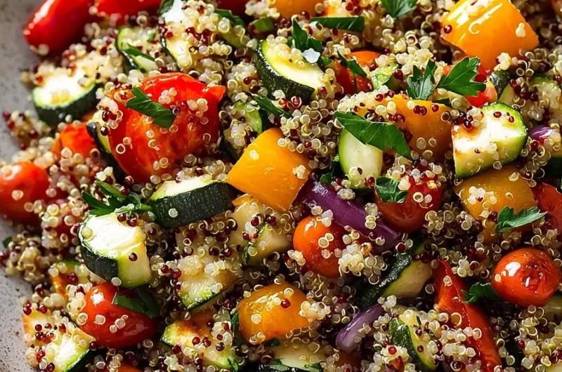 Quick quinoa salad topped with roasted vegetables for a healthy meal.