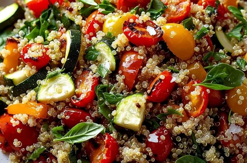 Bowl of quick quinoa salad with colorful roasted vegetables and fresh herbs