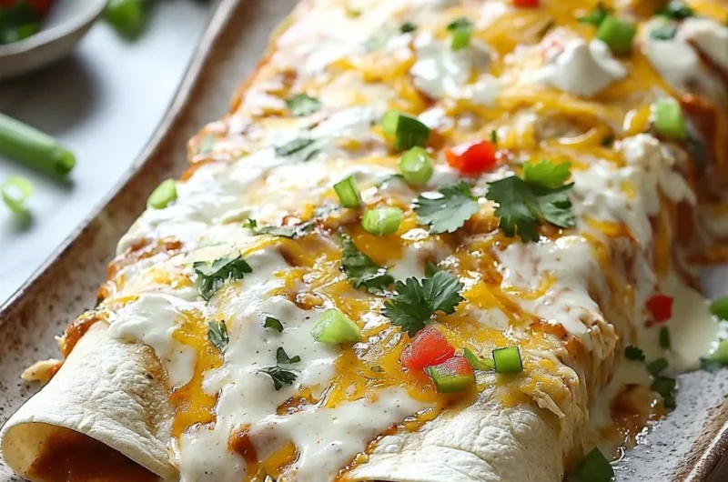 Delicious ranch chicken enchiladas topped with cheese and served with salsa.