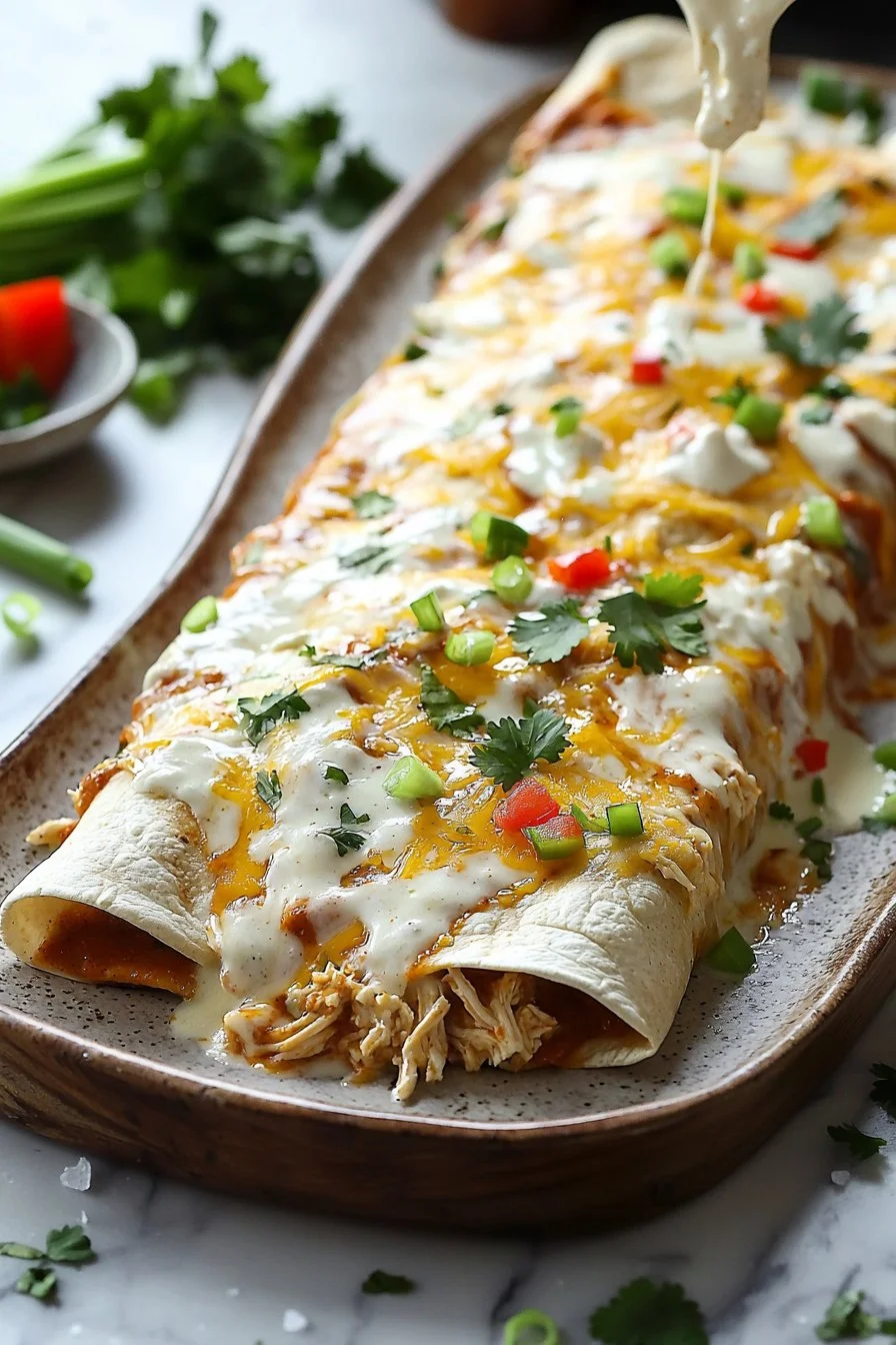 Delicious ranch chicken enchiladas topped with cheese and served with salsa.