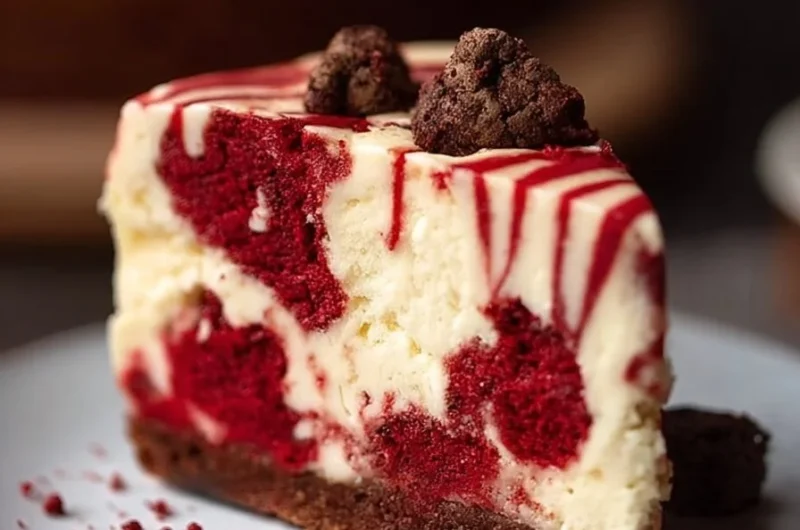 Slice of red velvet cheesecake with cookie dough topping on a white plate
