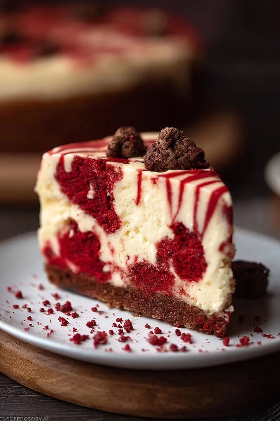 Slice of red velvet cheesecake with cookie dough topping on a white plate