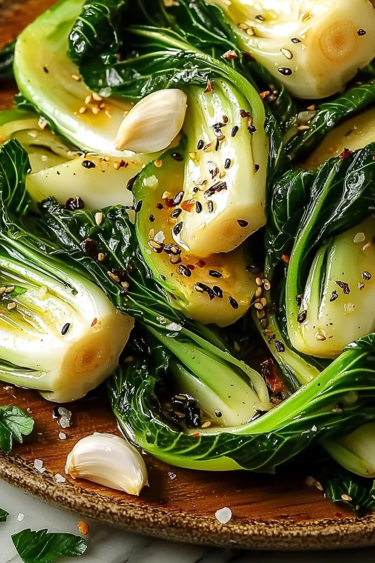 Dish of sautéed bok choy with garlic and ginger served on a plate