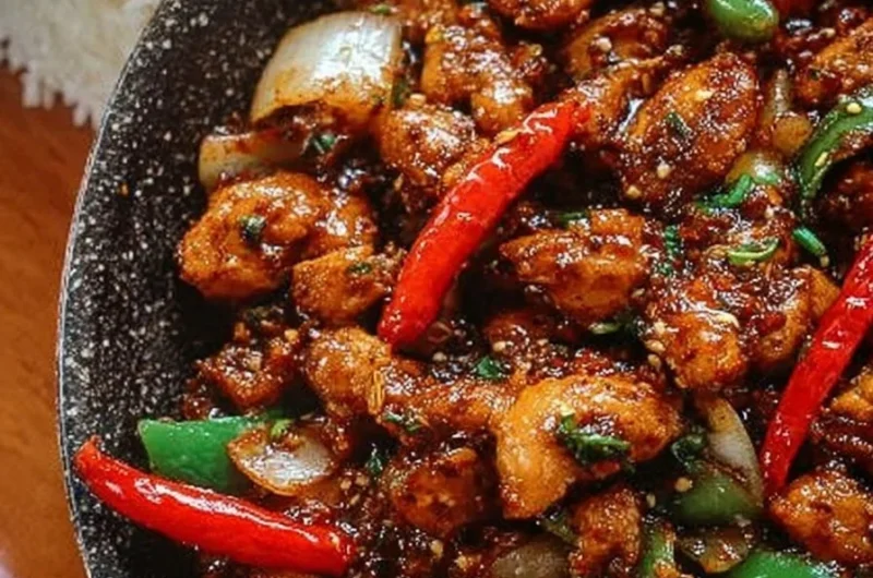 Delicious plate of savory black pepper chicken garnished with vegetables