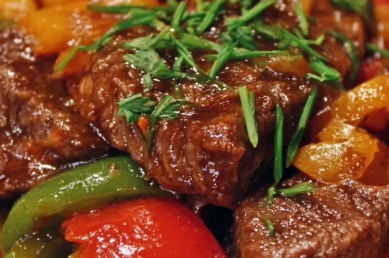 A delicious serving of savory slow cooker pepper steak with colorful bell peppers.