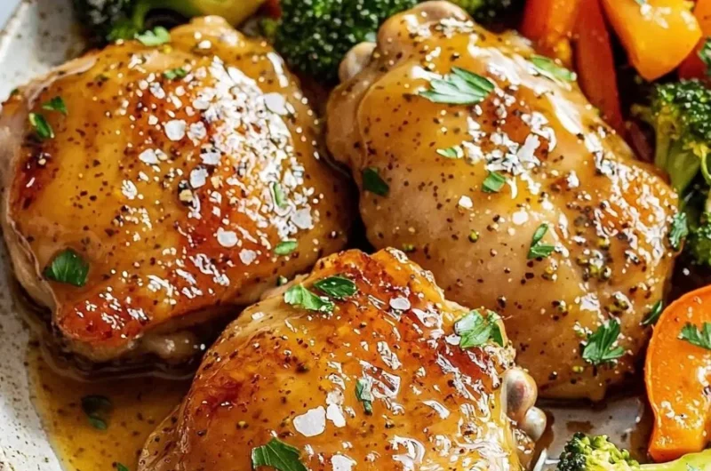 Sheet pan with honey dijon chicken and colorful veggies ready to be served