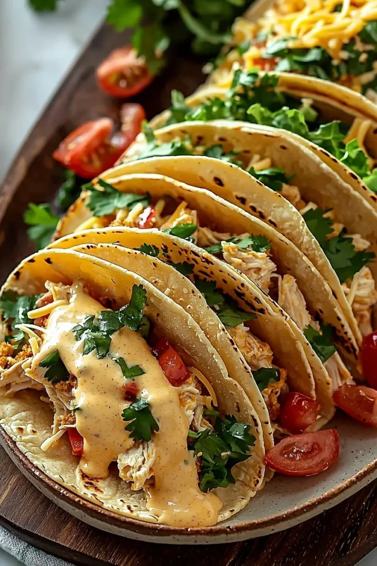 Slow Cooker Queso Chicken Tacos served with toppings and garnishes