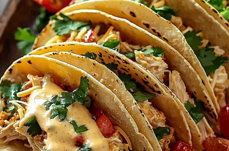 Slow Cooker Queso Chicken Tacos served with toppings and garnishes
