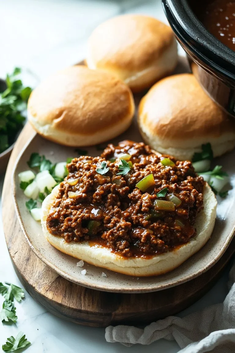 Delicious slow cooker sloppy joes served in a bun with toppings