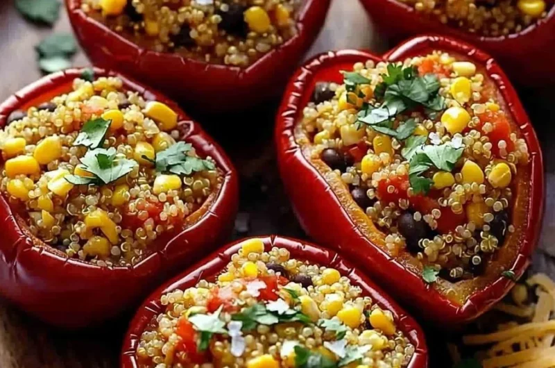 Stuffed roasted red peppers filled with rice and vegetables on a plate.