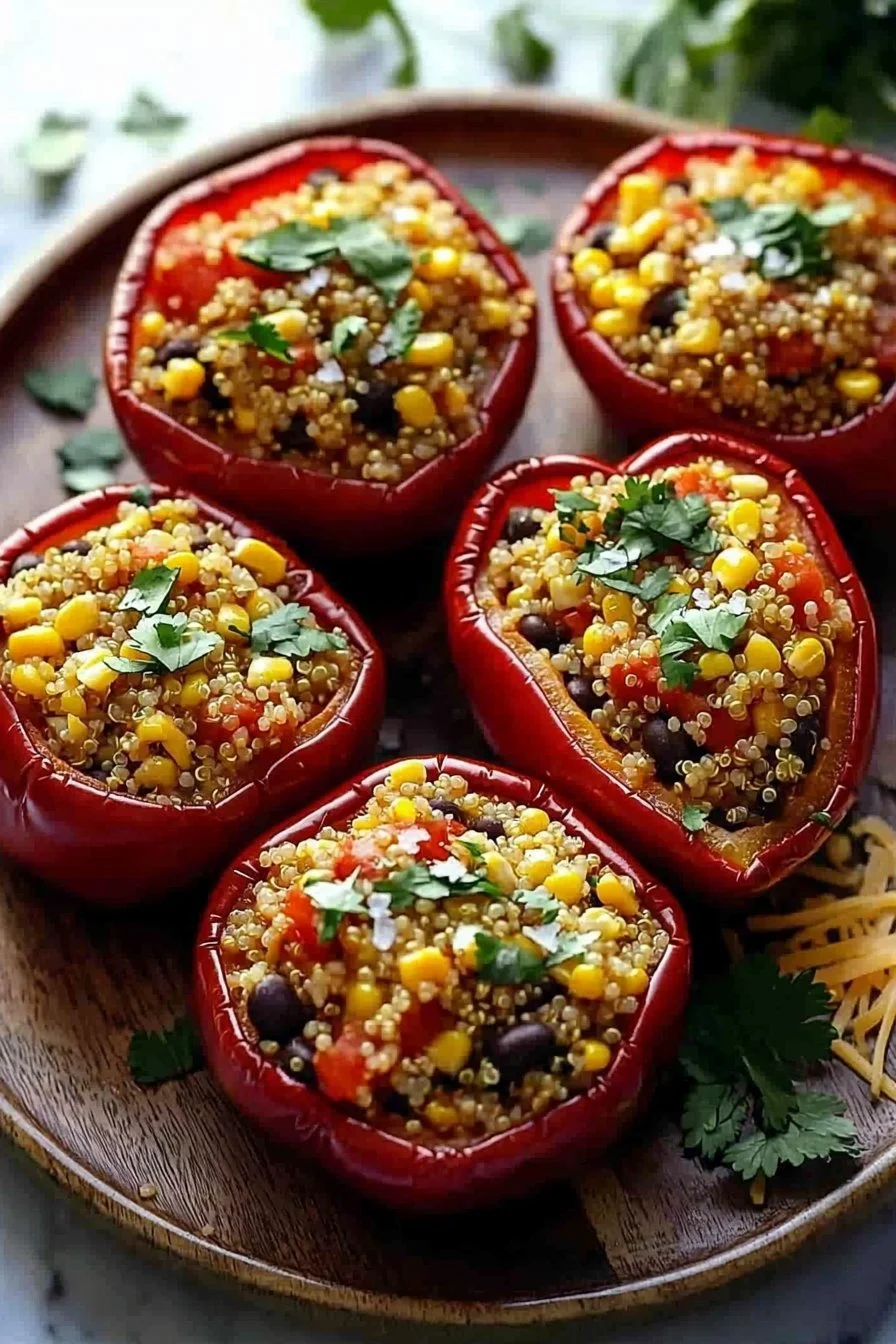 Stuffed roasted red peppers filled with rice and vegetables on a plate.