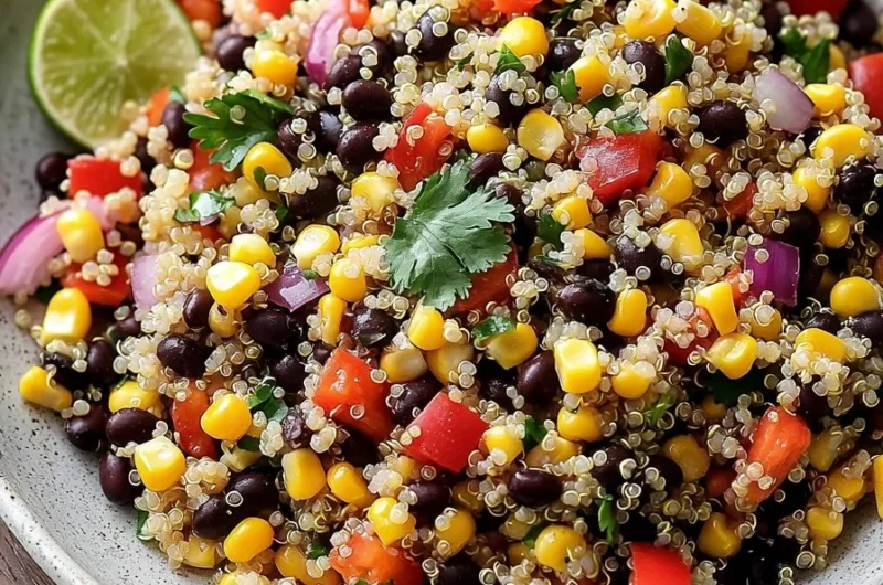 Sweet Corn and Black Bean Quinoa Salad served in a bowl with fresh ingredients