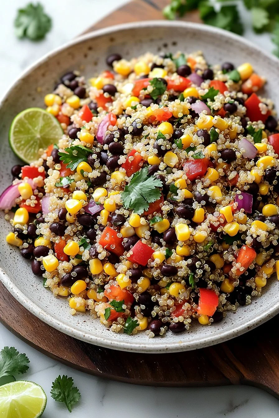 Sweet Corn and Black Bean Quinoa Salad served in a bowl with fresh ingredients