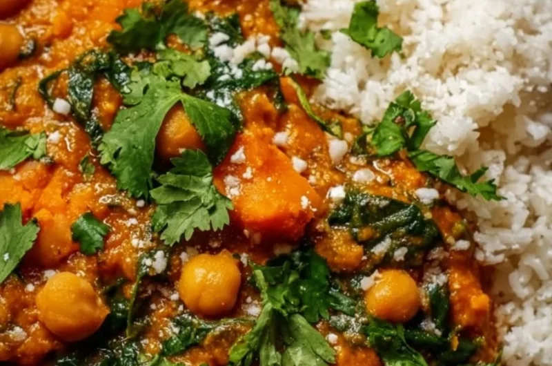 Sweet potato and chickpea curry served in a ceramic bowl with fresh herbs