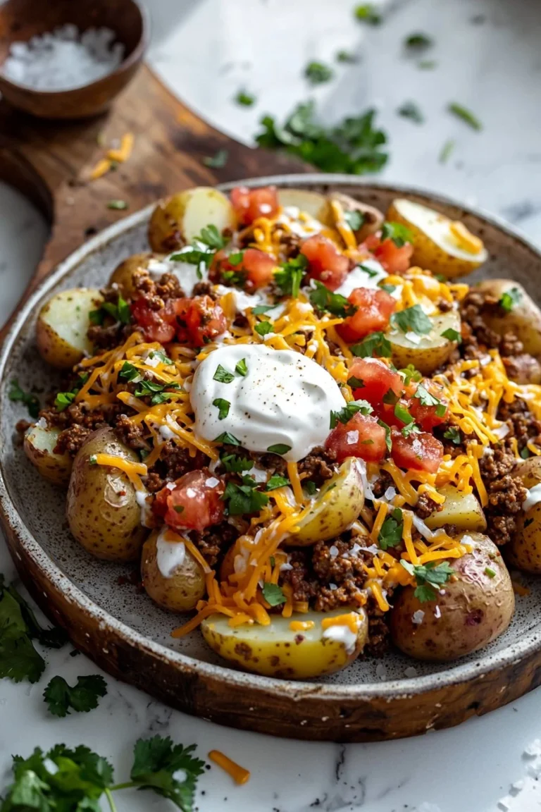 Delicious Taco Potatoes topped with cheese, sour cream, and fresh ingredients.