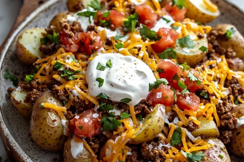 Delicious Taco Potatoes topped with cheese, sour cream, and fresh ingredients.
