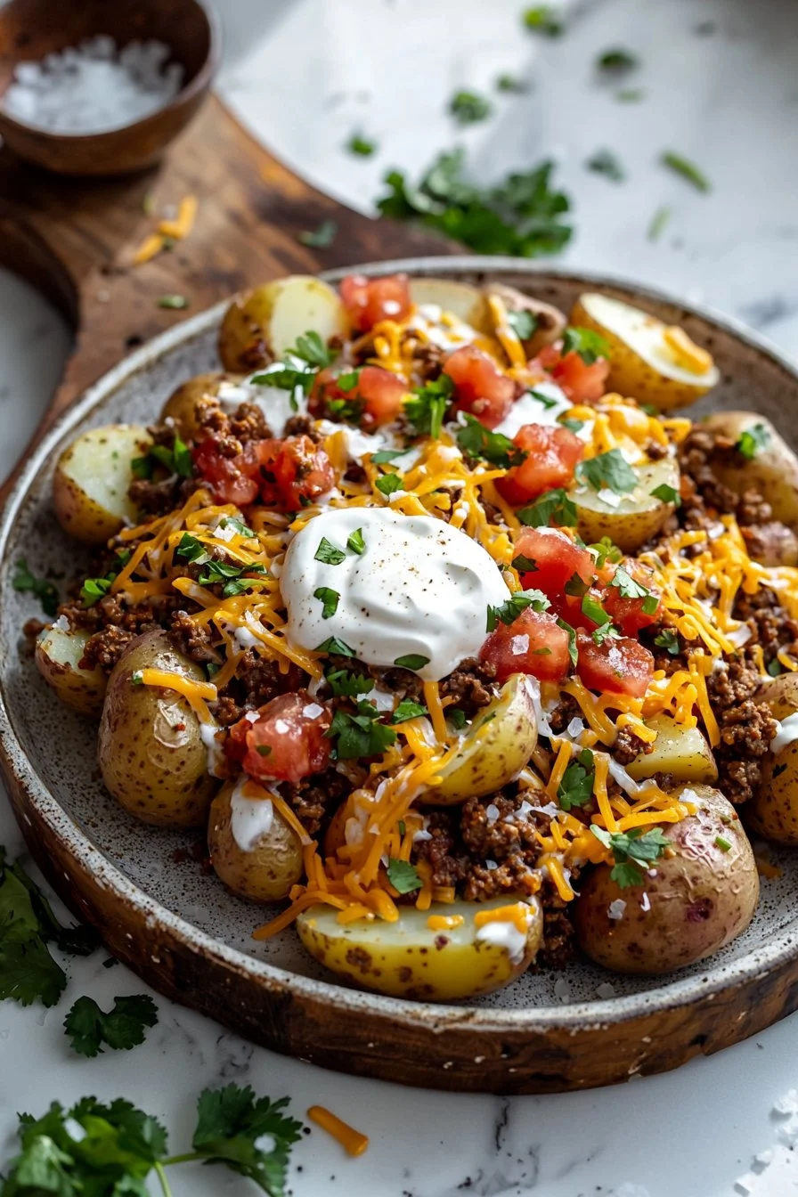 Delicious Taco Potatoes topped with cheese, sour cream, and fresh ingredients.