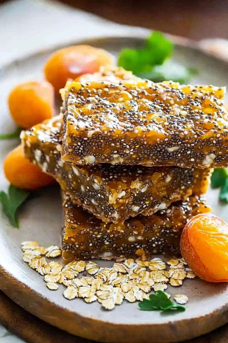 Tasty homemade apricot chia snack bars on a wooden table