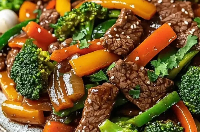 Delicious beef stir-fry with colorful vegetables served in a bowl