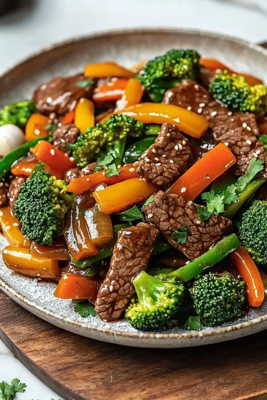 Delicious beef stir-fry with colorful vegetables served in a bowl