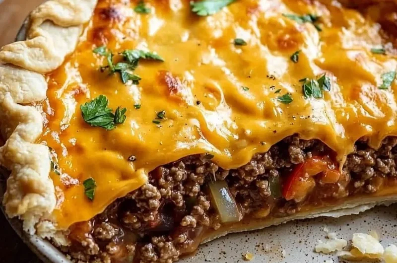 Tasty cheesy burger pie with melted cheese and juicy ingredients