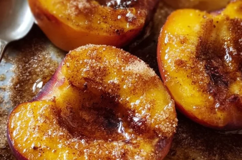 Cinnamon sugar baked peaches served in a dish