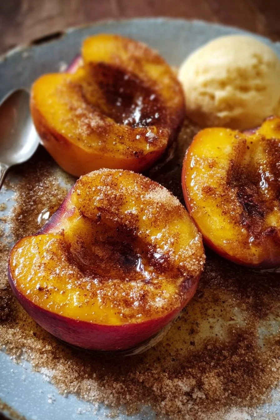 Cinnamon sugar baked peaches served in a dish