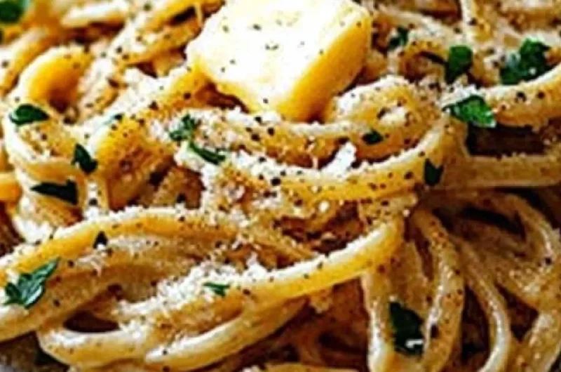 Delicious Cowboy Butter Linguine served in a bowl with herbs and toppings.