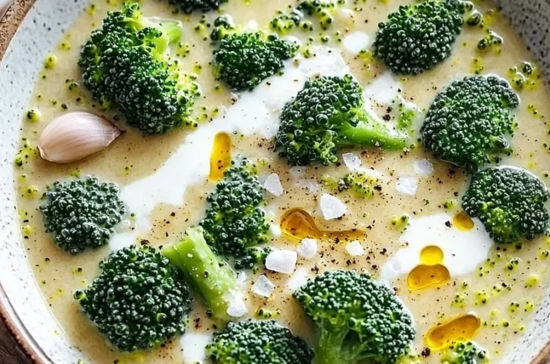 Bowl of tasty creamy broccoli soup garnished with fresh herbs