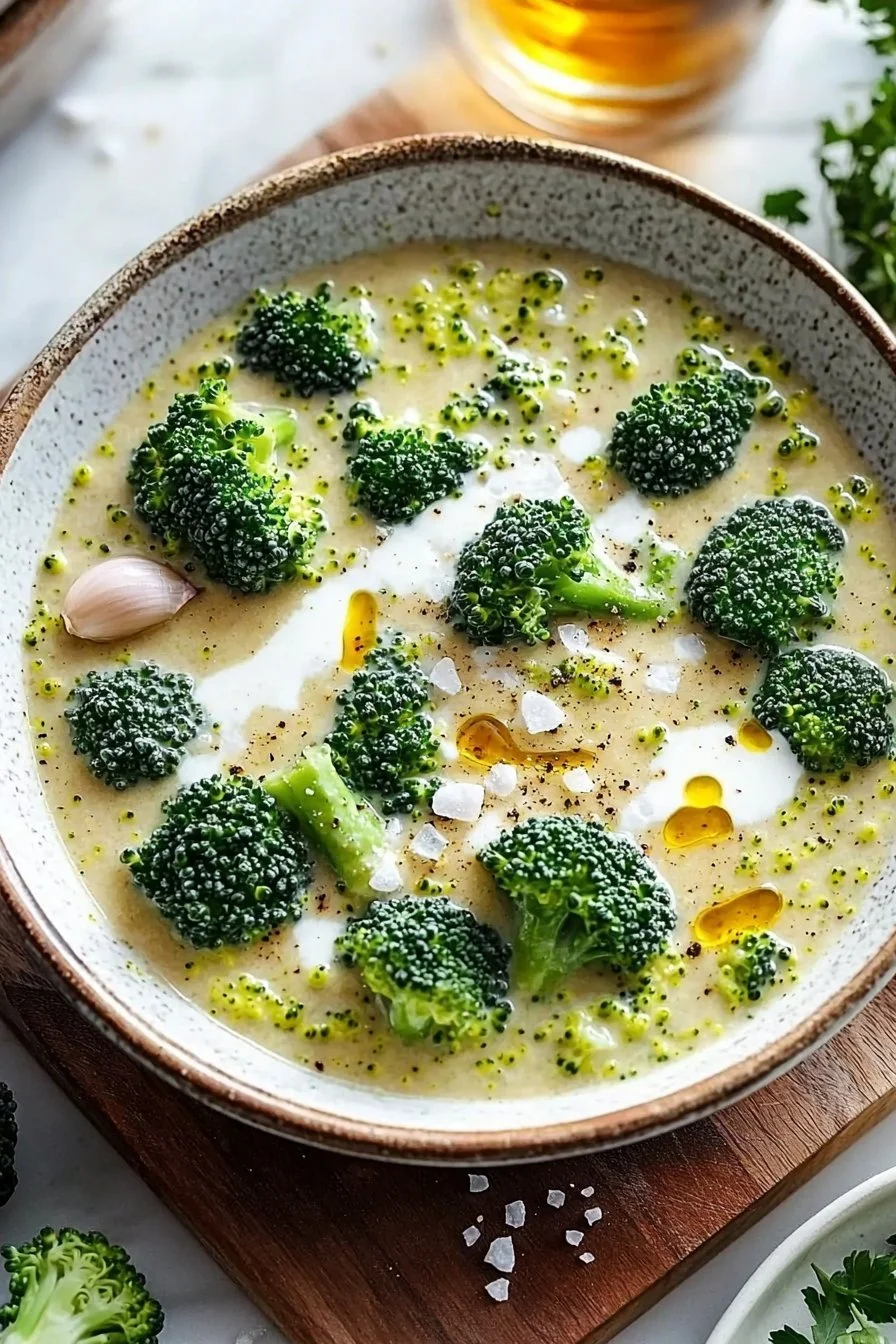 Bowl of tasty creamy broccoli soup garnished with fresh herbs