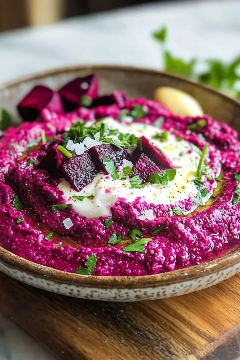 A bowl of tasty Greek yogurt beetroot dip served with fresh vegetables.
