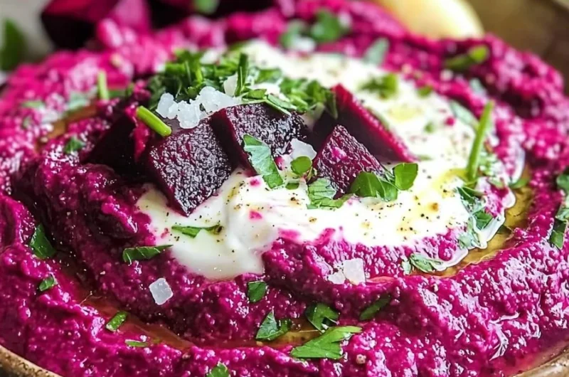 A bowl of tasty Greek yogurt beetroot dip served with fresh vegetables.