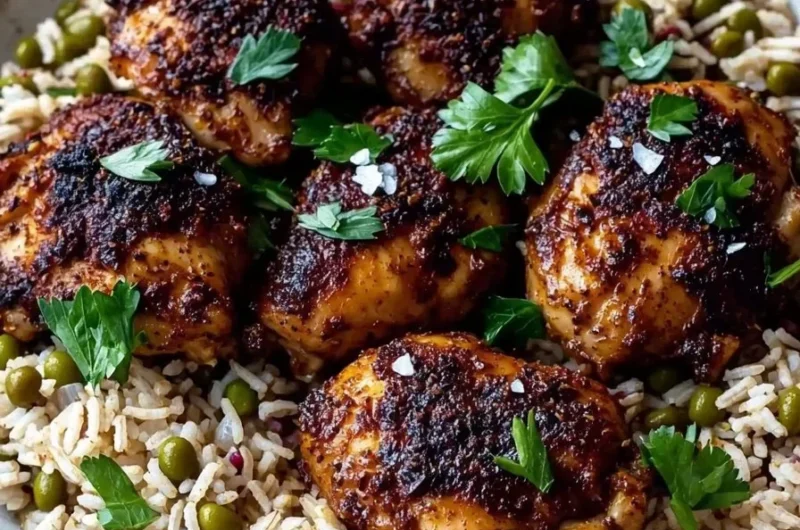 Plate of Jamaican Jerk Chicken with rice and peas garnished with herbs