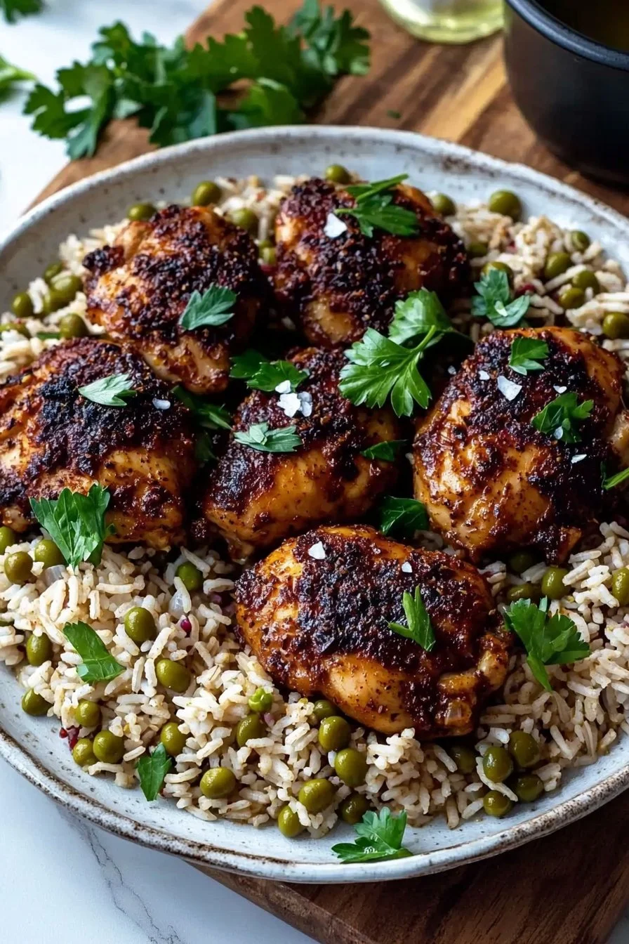 Plate of Jamaican Jerk Chicken with rice and peas garnished with herbs