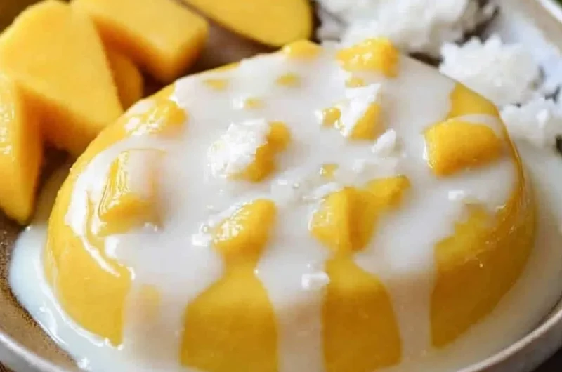 Delicious mango coconut pudding served in a bowl, garnished with fresh mango slices.