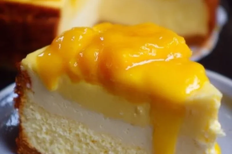 A slice of delicious mango milk cake topped with fresh mango slices.