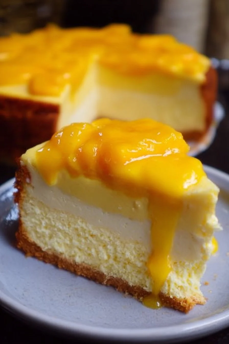 A slice of delicious mango milk cake topped with fresh mango slices.