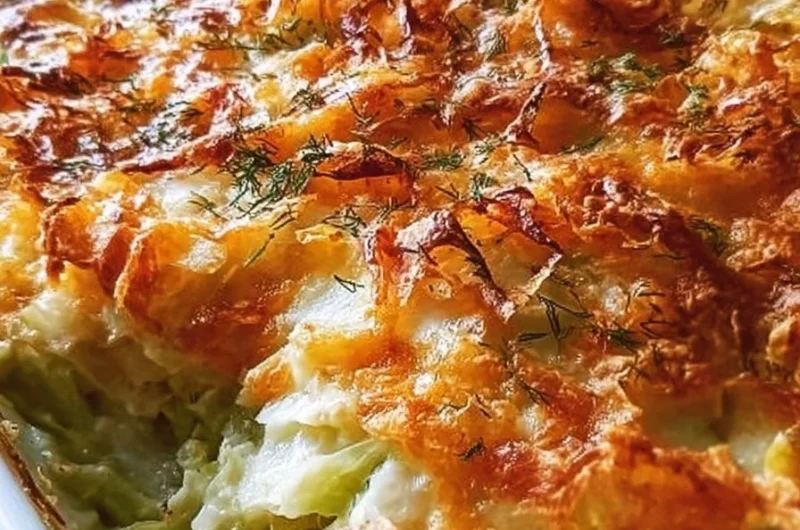 Delicious old-fashioned cabbage casserole bake in a baking dish
