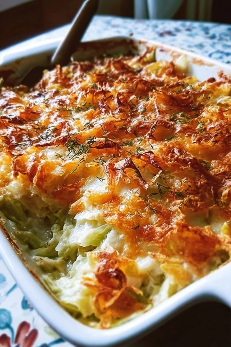 Delicious old-fashioned cabbage casserole bake in a baking dish