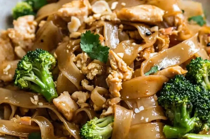 A plate of delicious Pad See Ew Thai noodles with vegetables and chicken