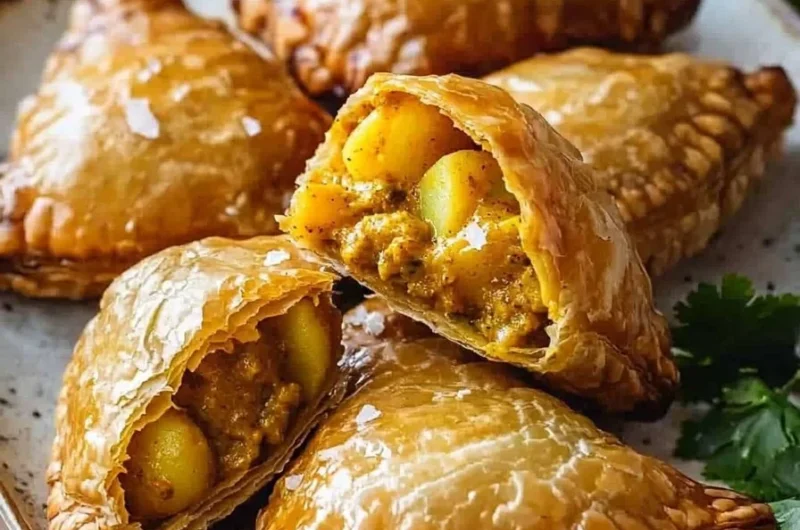 Delicious potato curry puffs served on a plate with dipping sauce