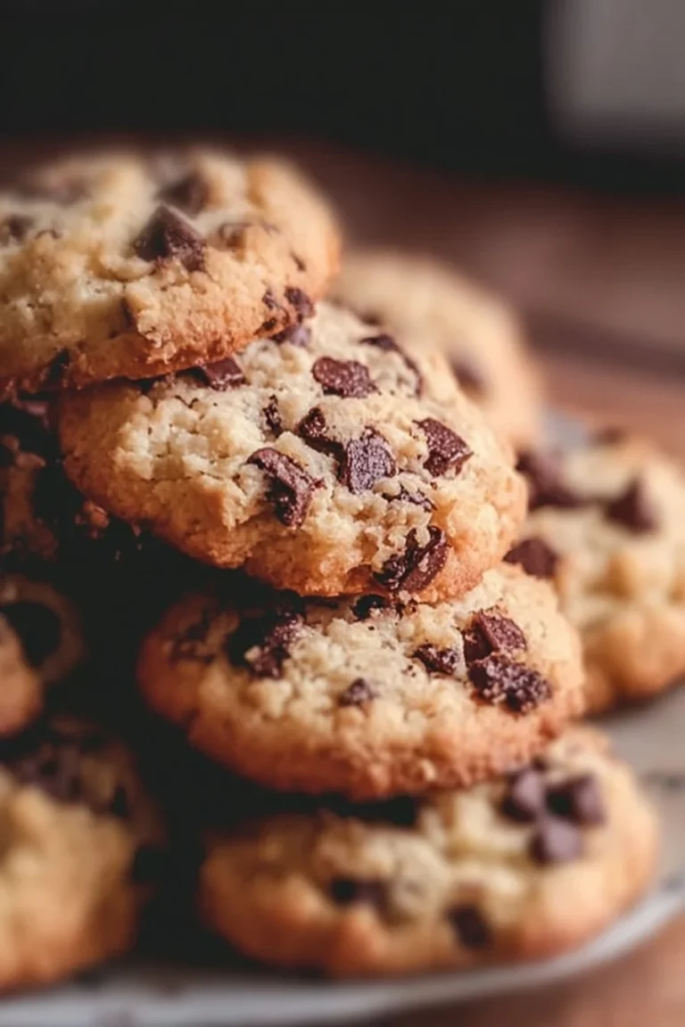 Delicious chocolate chip and toffee shortbread cookies on a rustic wooden plate