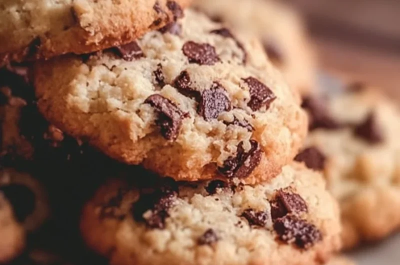 Delicious chocolate chip and toffee shortbread cookies on a rustic wooden plate